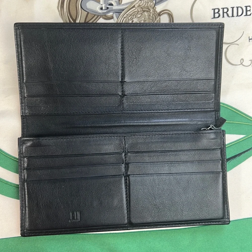 Auth. Dunhill Black Leather Long Bifold Wallet Card Bill holder Roomy Heavy duty